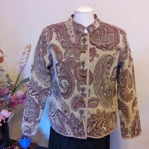 Preowned Zoe Cream Burgundy Floral Print Women's Spring Fall Winter Jacket Size - Picture 2 of 7